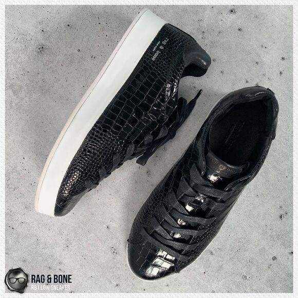 RAG AND BONE RB1 LOW PLATFORM SNEAKERS BLACK CROCODILE EMBOSSED LEATHER SIZE 7.5 - Picture 16 of 16